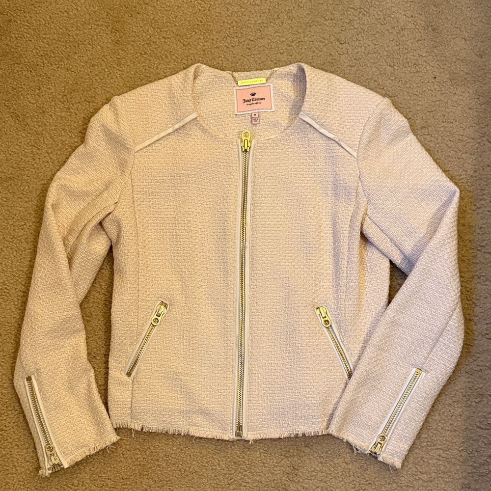 Juicy Couture ivory/Pink Tweed Jacket with Zipper Accents size medium